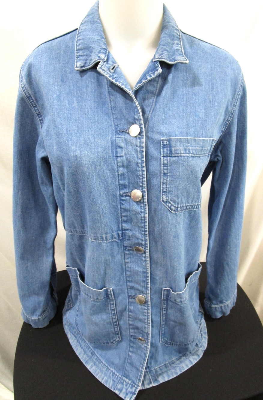 & DENIM Blue Jean Oversize Button Up Chore, Work, Barn Jacket Women Sz S